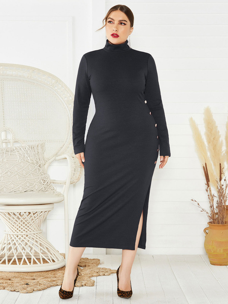 Milanoo Plus Size Dress For Women Black High Collar Long Sleeves Polyester Asymmetrical Long One Pie