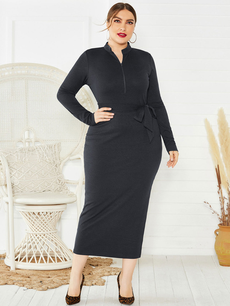 Milanoo Plus Size Dress For Women Black Stand Collar Long Sleeves Polyester Asymmetrical Long One Pi