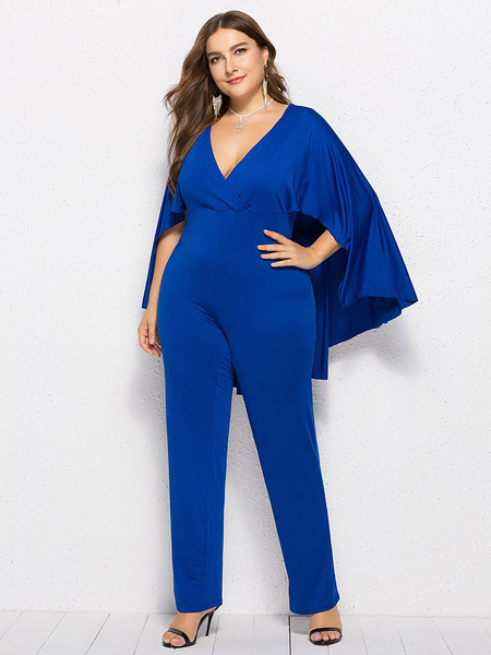 Milanoo Plus Size Jumpsuit For Women Blue V-Neck Half Sleeves Pleated Polyester Jumpsuit One Piece O