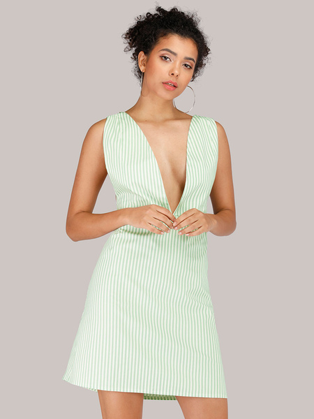 Milanoo Summer Dress Light Green V-Neck Backless Stripes Pattern Cotton Beach Dress