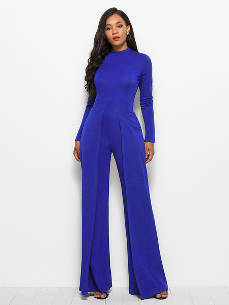 Milanoo Blue Jumpsuit High Collar Long Sleeves Pleated Asymmetrical Polyester Wide Summer One Piece