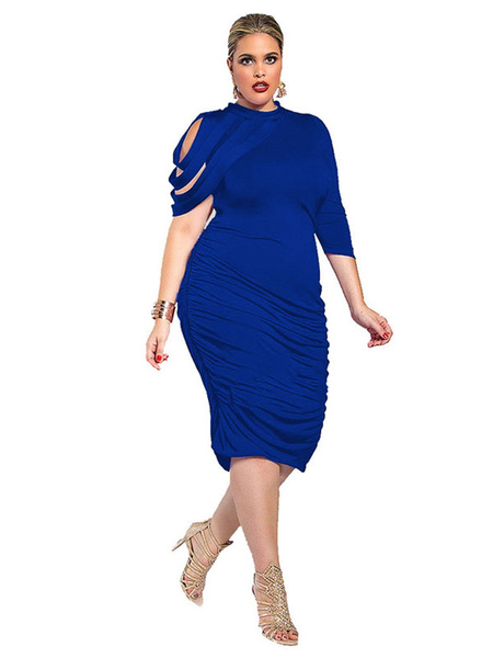 Milanoo Plus Size Dress For Women Blue High Collar Long Sleeves Polyester Long Dress