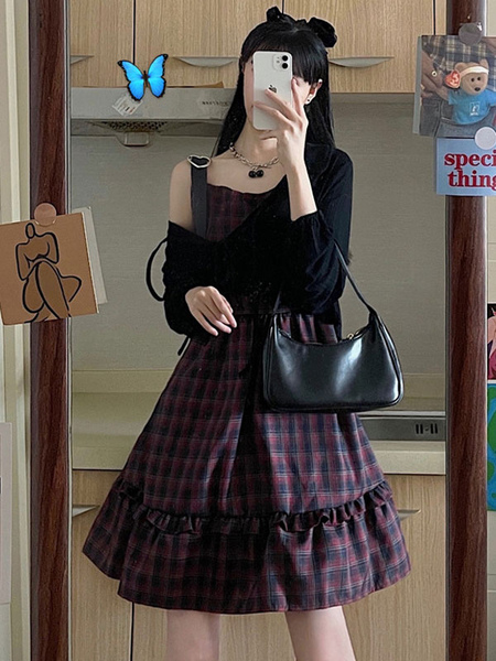Milanoo Gothic Lolita JSK Dress Polyester Sleeveless Plaid Pattern Daily Casual Black Lolita Jumper