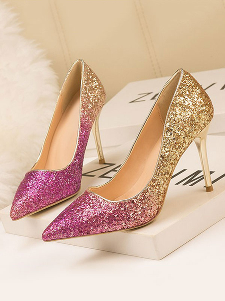 Milanoo High Heel Party Shoes Pink Gold Pointed Toe Sequins Evening Stiletto Heels
