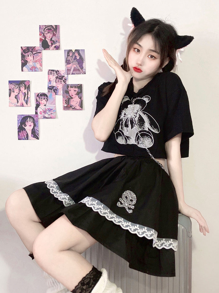 Milanoo Gothic Lolita SK Black Short Sleeves Ruffles Polyester Lolita Mini Skirt