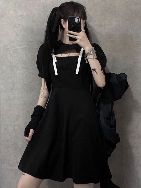 Milanoo Gothic Lolita OP Dress Polyester Black Sleeves Black Lolita One Piece Dress