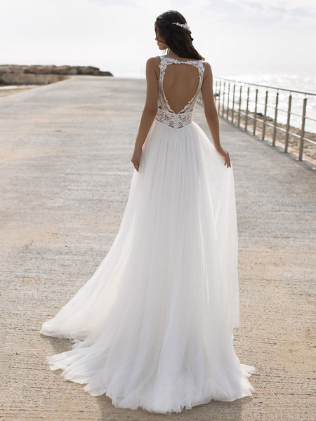 Milanoo White Simple Wedding Dress V-Neck Sleeveless Backless Natural Waist Lace Chiffon A-Line Long