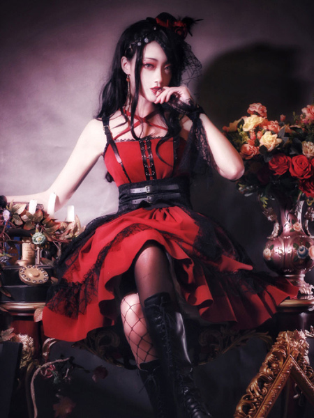 Image of Gothic Lolita JSK Dress Borgogna in poliestere in poliestere senza maniche a gommini pizzo lace up crosc-cross rosse lolita jumper gonne
