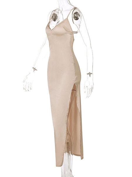 Party Dresses Light Apricot Straps Neck Split Front Sleeveless Asymmetrical Semi Formal Dress