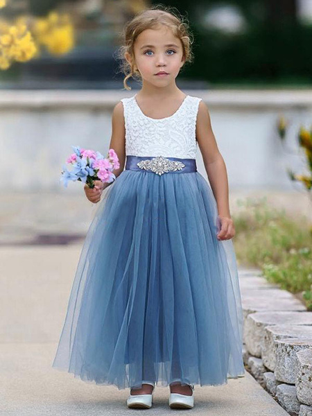 Image of Abiti da ragazza di fiore blu Abiti da festa per bambini con fusciacca senza maniche con collo gioiello