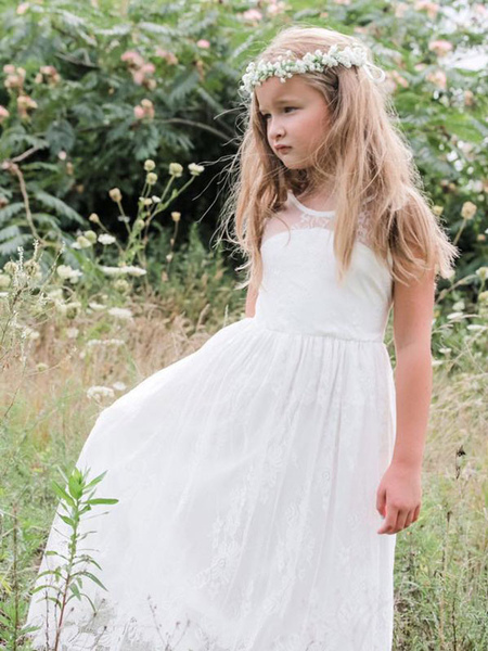 Milanoo White Flower Girl Dresses Jewel Neck Sleeveless Sash Lace Formal Kids Pageant Dresses