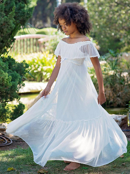 Milanoo White Flower Girl Dresses V-Neck Lace Short Sleeves Floor-Length A-Line Applique Kids Social