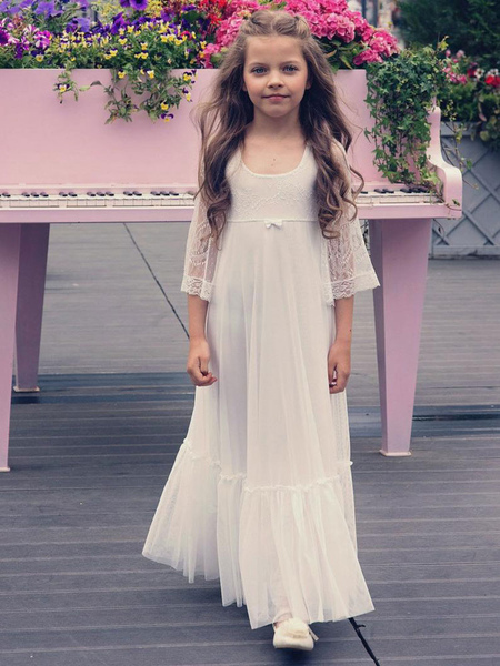 Milanoo Ivory Flower Girl Dresses Jewel Neck Long Sleeves Lace Kids Party Dresses