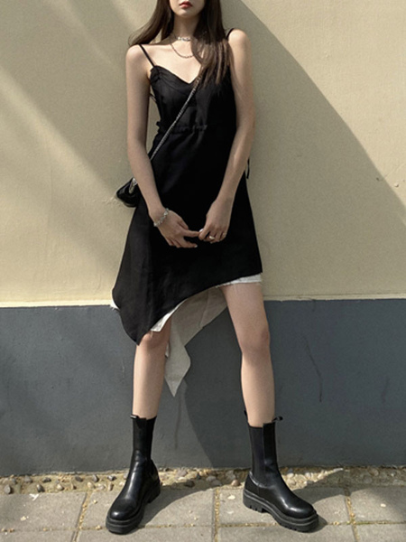Milanoo Gothic Lolita Slip Dress Black Sleeveless Polyester Summer Lolita Midi Dress