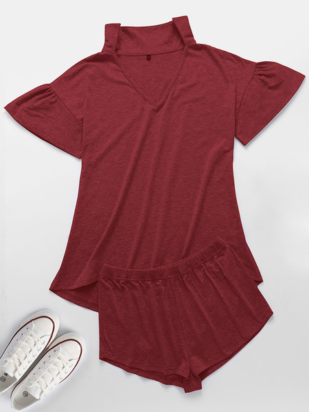 Milanoo Two Piece Sets For Women Burgundy Cotton V-Neck Pleated Short Sleeves Tops Casual Outfit