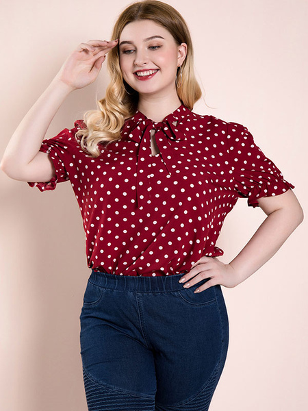 Milanoo Plus Size Blouse For Women V-Neck Short Sleeves Polka Dot Red Polyester Casual Shirt