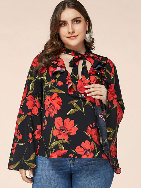 Milanoo Plus Size Blouse For Women V-Neck Long Sleeves Floral Printed Polyester Casual Black T-Shirt