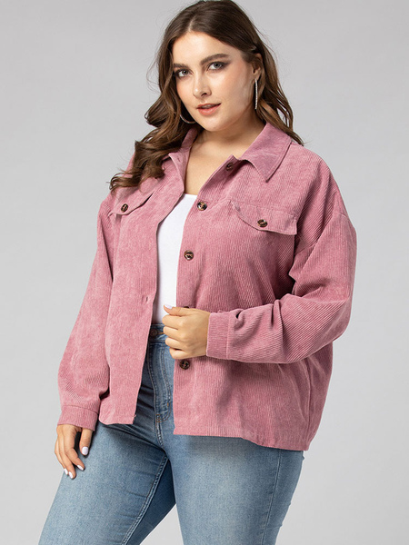 Milanoo Plus Size Overcoat For Women Turndown Collar Long Sleeves Buttons Polyester Casual Pink Coat