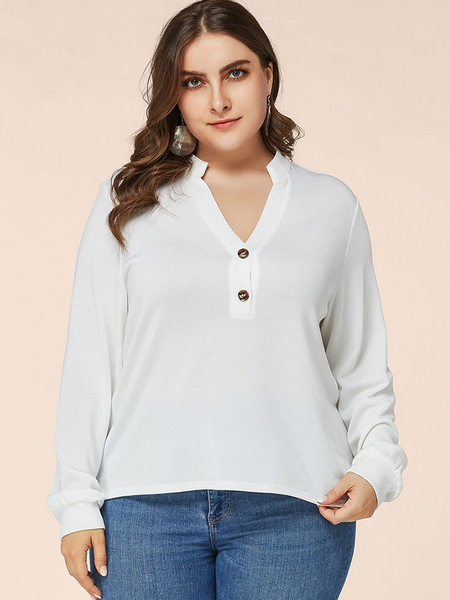 Milanoo Plus Size Blouse For Women V-Neck Long Sleeves Polyester Casual White T-Shirt
