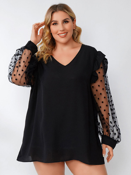 Milanoo Plus Size Blouse For Women V-Neck Long Sleeves Lace Polyester Black T-Shirt