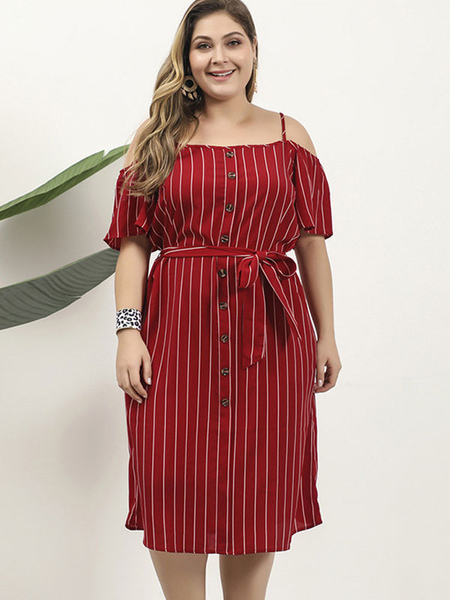 Milanoo Plus Size Dress For Women Straps Neck Short Sleeves Stripes Polyester Red Midi One Piece Dre