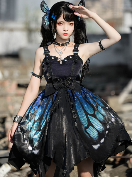Image of Abito JSK con farfalla Lolita gotica  gonna blu casual con maglione Lolita  senza maniche  lacci  volant  fiocco in poliestere