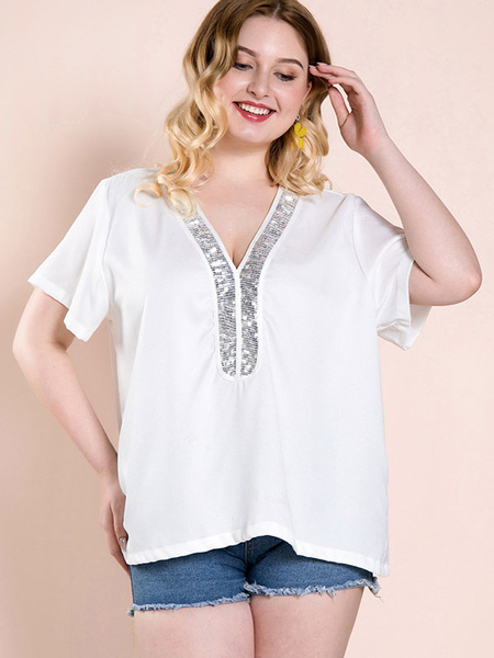 Milanoo Plus Size Blouse For Women V-Neck Short Sleeves Polyester White Casual T-Shirt