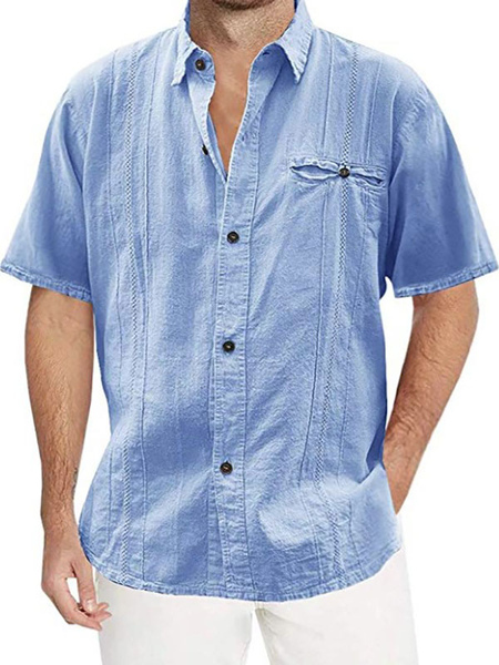 Milanoo Man's Casual Shirt Turndown Collar Chic Light Sky Blue Men's Shirts