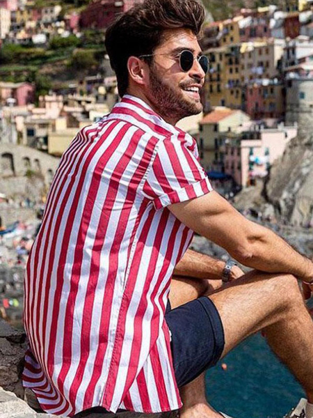 Milanoo Man's Casual Shirt Turndown Collar Chic Stripes Red Men's Shirts