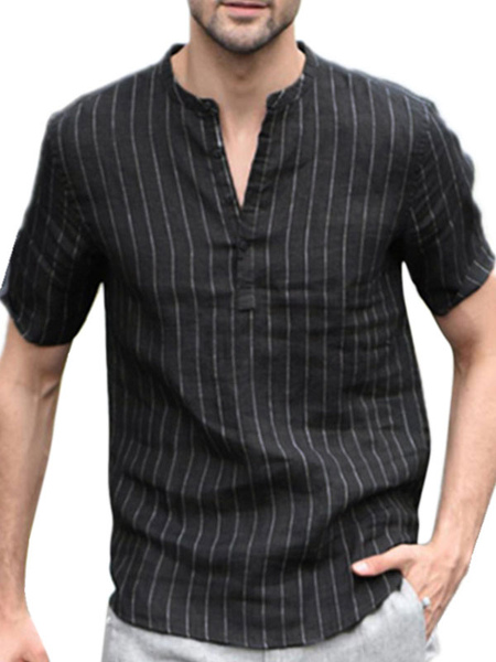 Milanoo Man's Casual Shirt Stand Collar Chic Stripes Black Men's Shirts