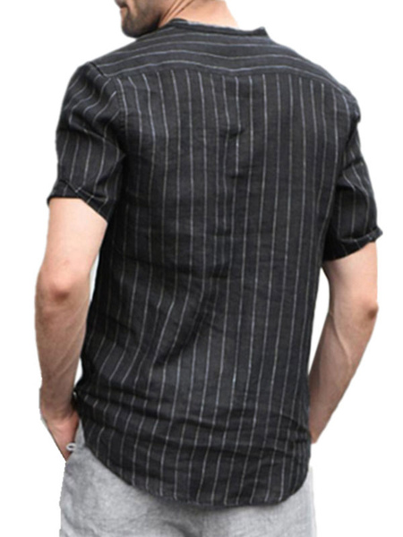 Milanoo Man's Casual Shirt Stand Collar Chic Stripes Black Men's Shirts