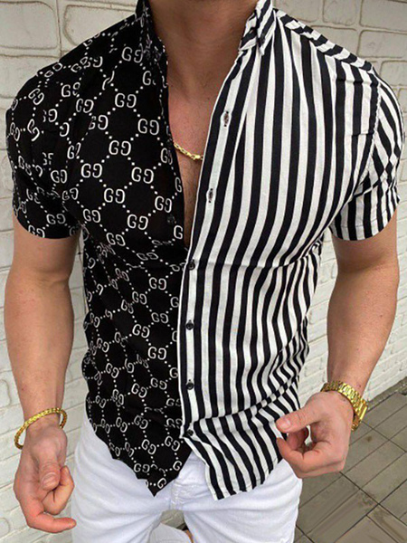 Milanoo Men's Casual Shirt Turndown Collar Chic Stripes Split Color Men's Shirts
