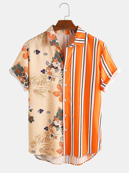 Milanoo Casual Shirt For Men Turndown Collar Chic Printed Orange Men's Shirts