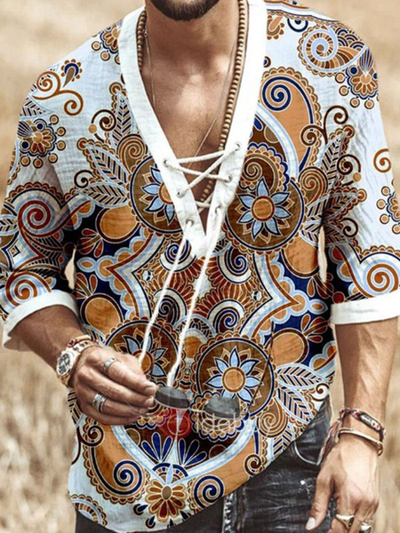 Milanoo Man\'s Casual Shirt Turndown Collar Chic Printed khaki Men\\'s Shirts