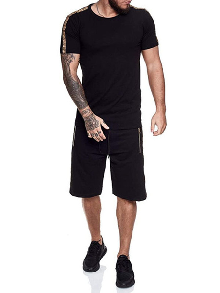 Milanoo Men\'s Activewear 2-Piece Printed Short Sleeves Jewel Neck Black