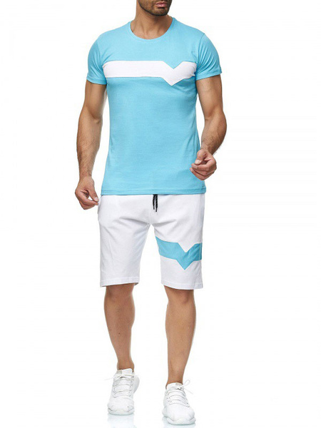 Milanoo Men\'s Activewear 2-Piece Short Sleeves Jewel Neck Light Sky Blue