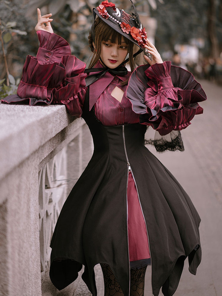 Image of Camicette Lolita gotiche Camicia Lolita in poliestere a maniche lunghe bordeaux con fiocchi e volant