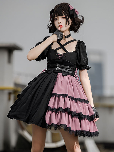 Milanoo Idol clothes Lolita JSK Dress Two-Tone Pattern Ruffles Pleated Lace Up Gothic Lolita Jumper