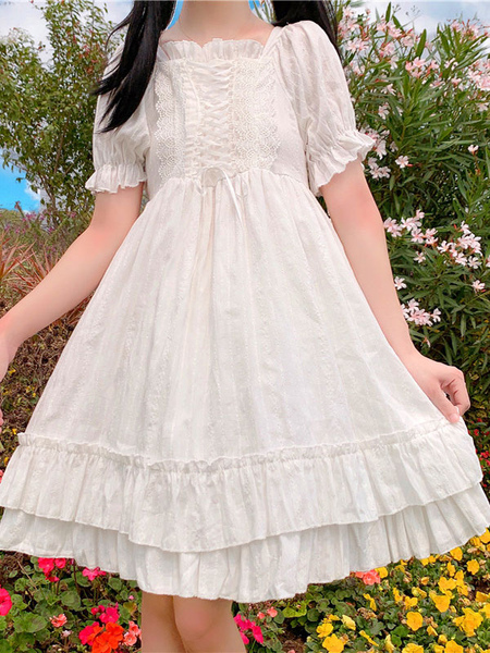 

Milanoo Sweet Lolita OP Dress Short Sleeves Lace Up Academic Fairytale White Lolita One Piece Dress