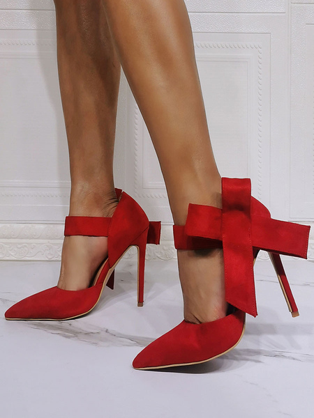 Milanoo High Heel Party Shoes Red Pointed Toe Bows Evening Shoes Stiletto Heels