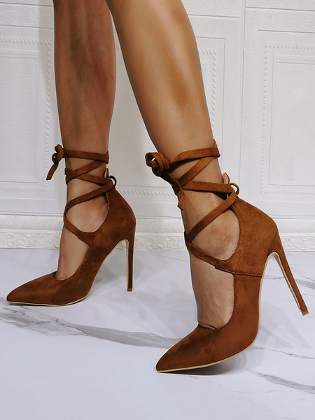 Milanoo High Heel Party Shoes Coffee Brown Pointed Toe Stiletto Heel Lace Up Evening Shoes