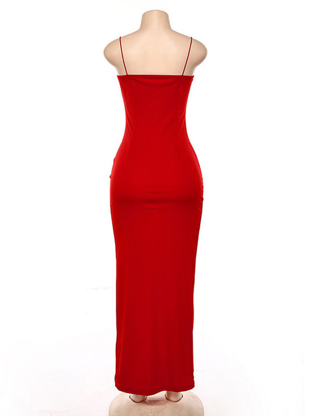 Women Party Dresses Red Strap Neck Sleeveless Split Front Lycra Spandex Long Semi Formal Dress