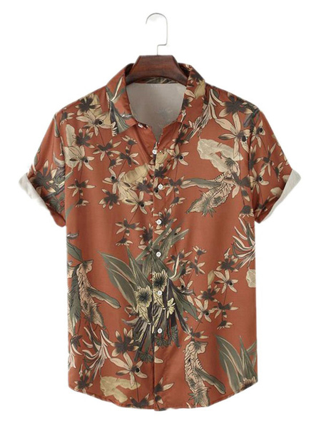 Milanoo Casual Shirt For Men Turndown Collar Printed Coffee Brown Men's Shirts