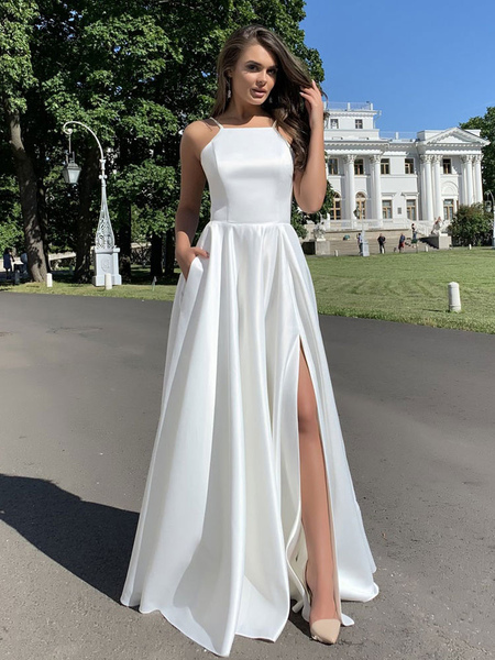 Party Dresses White Sleeveless Backless Silk-Like Bright Silk Chiffon Floor Length Semi Formal Dress
