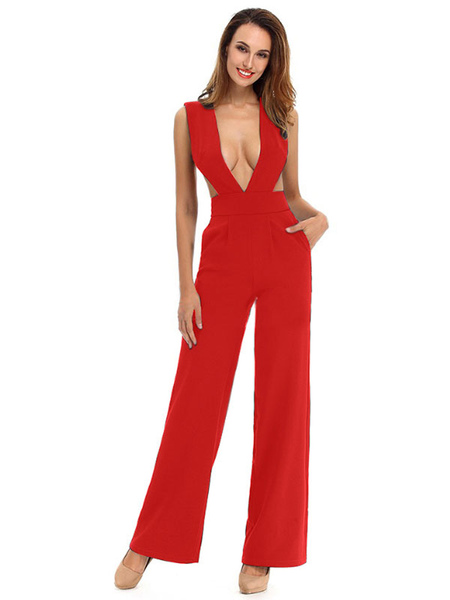 Milanoo Women Jumpsuit Red V-Neck Sleeveless Polyester Straight Summer One Piece Outfit