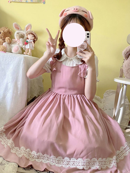 Milanoo Sweet Lolita JSK Dress Polyester Bow Sleeveless Pink Lolita Jumper Skirt