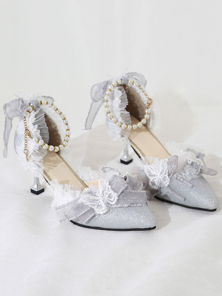 Image of Dolce Lolita cinturino alla caviglia tacco modello farfalla pizzo farfalla perle scarpe a punta monogramma in pelle scamosciata nastro Lolita scarpe