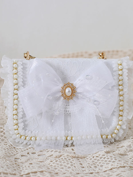 Image of Sweet Lolita Handbag Bow Perle bianche Fiocchi Borsa a tracolla in pizzo Accessori Lolita in pelle PU