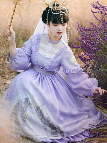 Milanoo Sweet Lolita OP Dress Ruffles Lace Polyester Long Sleeves Lolita One Piece Dress