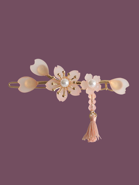 Image of Wa lolita copricapo rosa sakura modello metallo copricapo fiori frangia perle perle lolita fascia